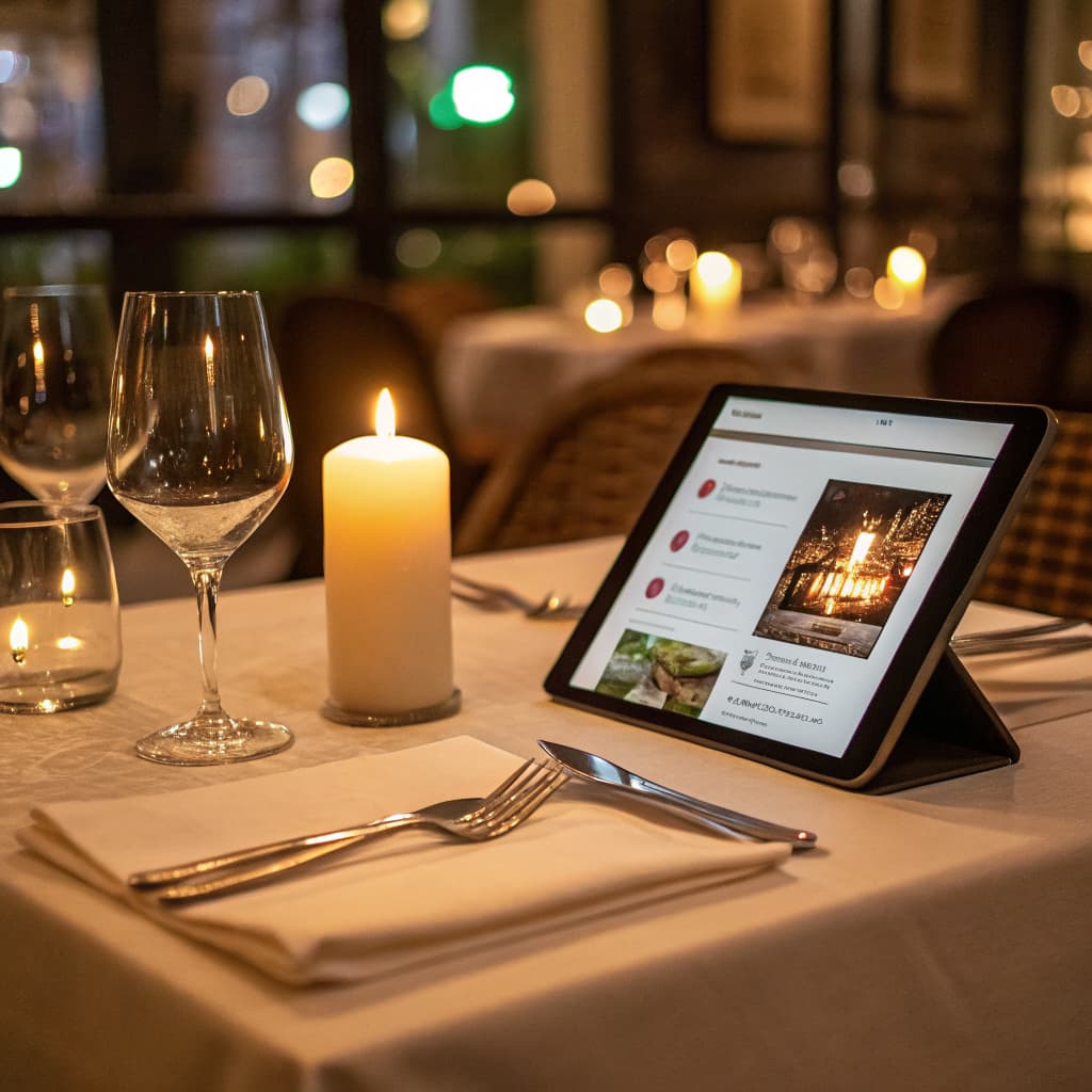 Elegant restaurant table setting with a tablet displaying a restaurant website