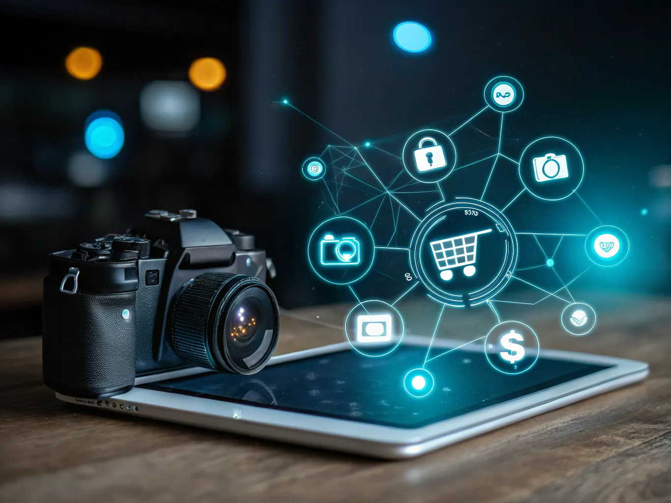 Glowing digital icons for e-commerce, payments, and analytics connected by network lines above a tablet screen