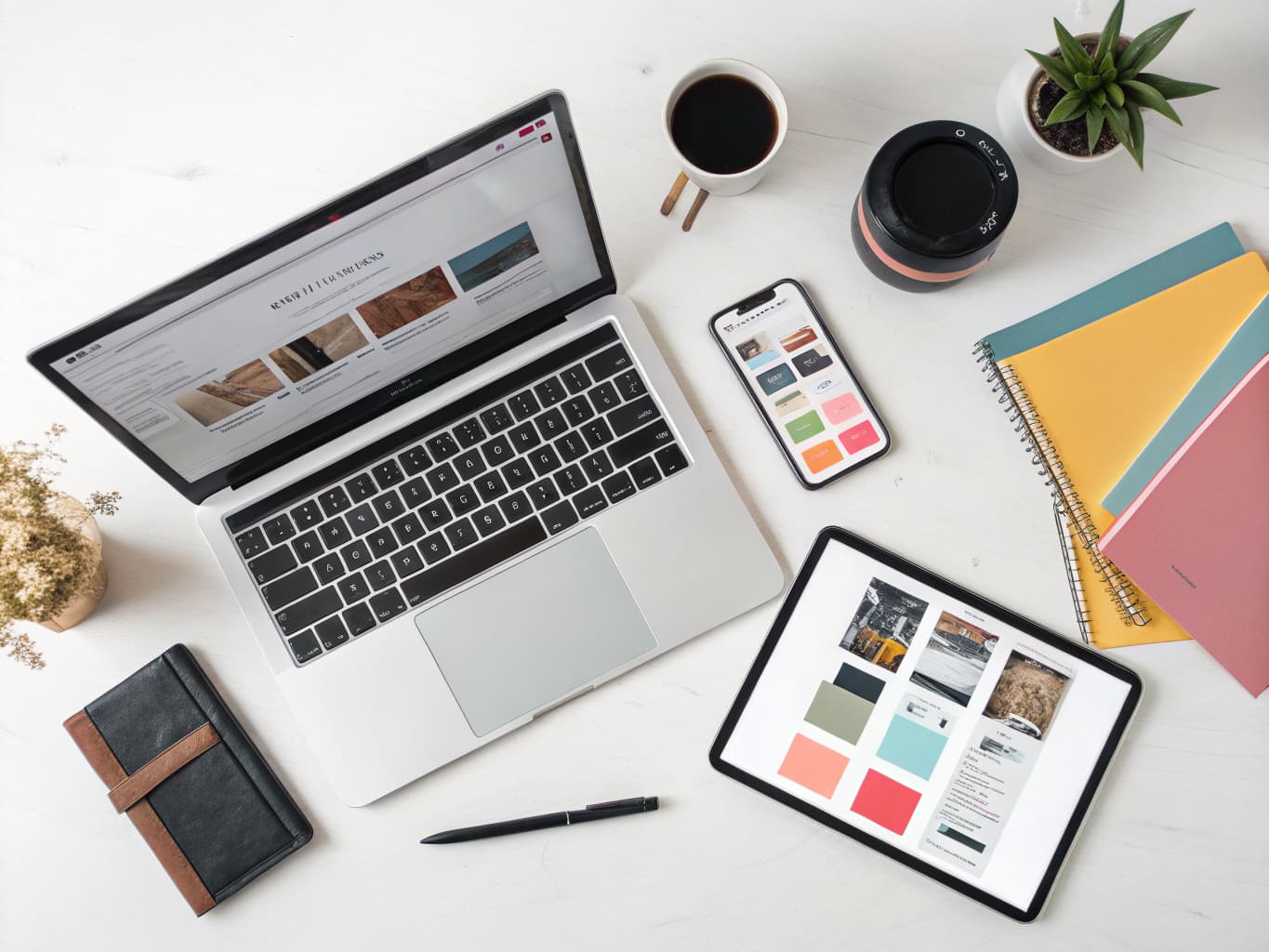 Overhead flat-lay of laptop, tablet, and smartphone showing the same website across different screen sizes with color swatches and notebooks