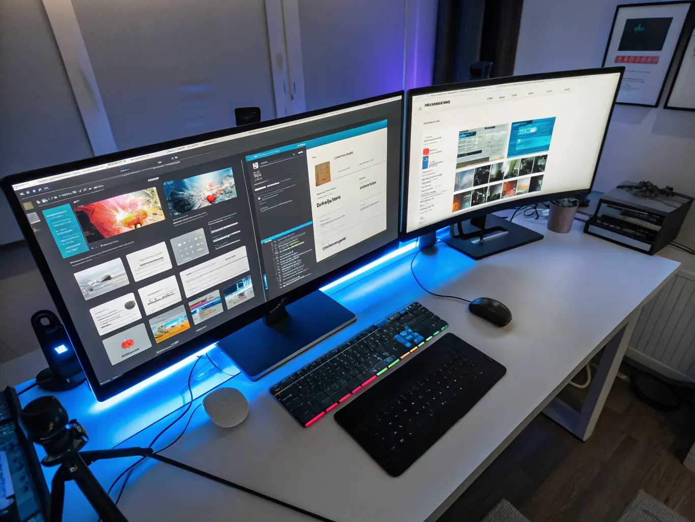 Dual monitor setup displaying website template galleries and design tools with blue LED accent lighting