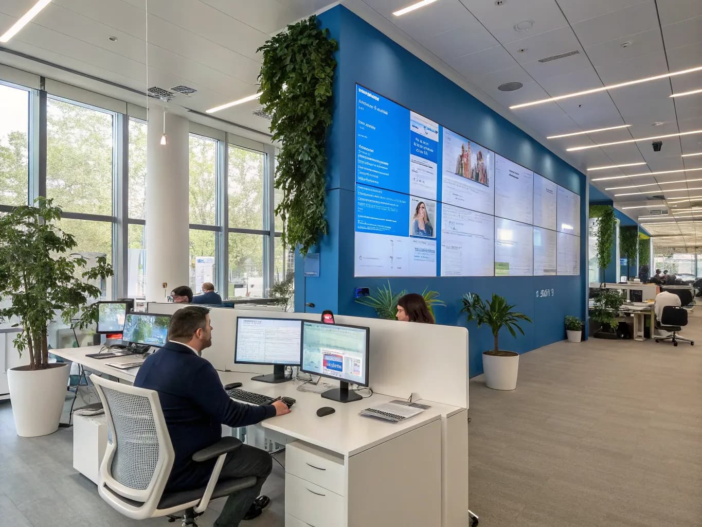 Modern open office with support team working at computer workstations beside a large wall-mounted screen showing website documentation