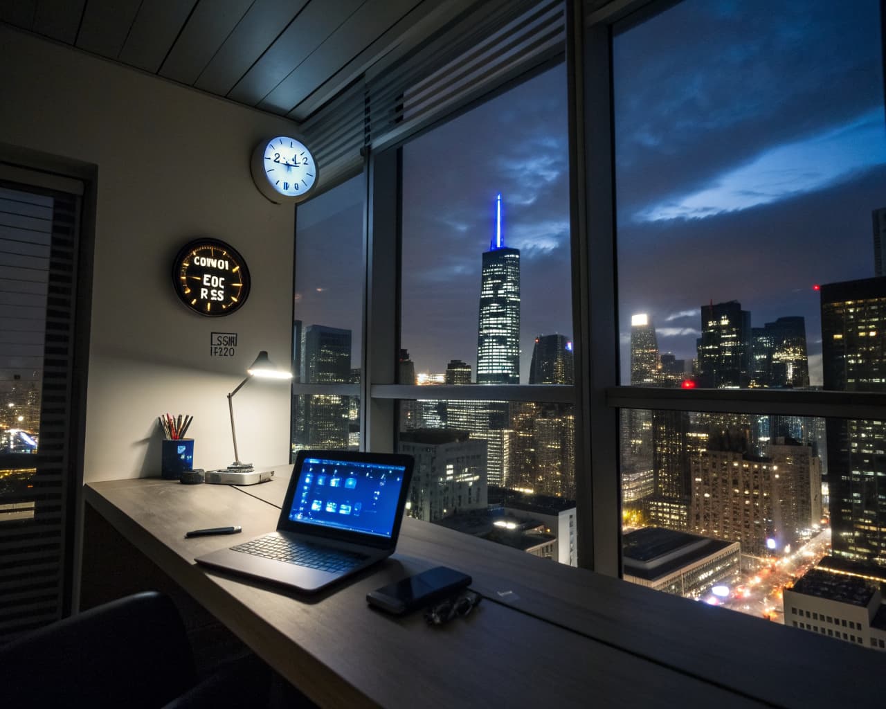 Nighttime city skyline view through office windows with a glowing laptop screen showing an active AI chat interface, representing 24/7 availability of an AI receptionist