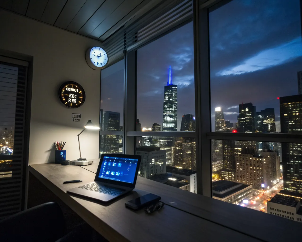 Nighttime city skyline view through office windows with a glowing laptop screen showing an active AI chat interface, representing 24/7 availability of an AI receptionist