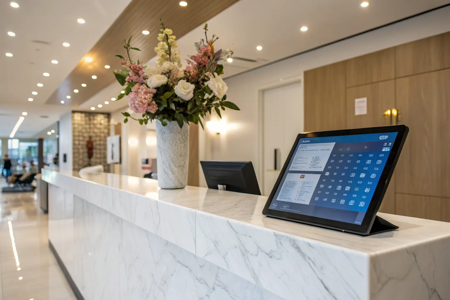 Modern reception desk with white marble counter and a glowing AI touchscreen scheduling display, representing the power of an AI receptionist for businesses