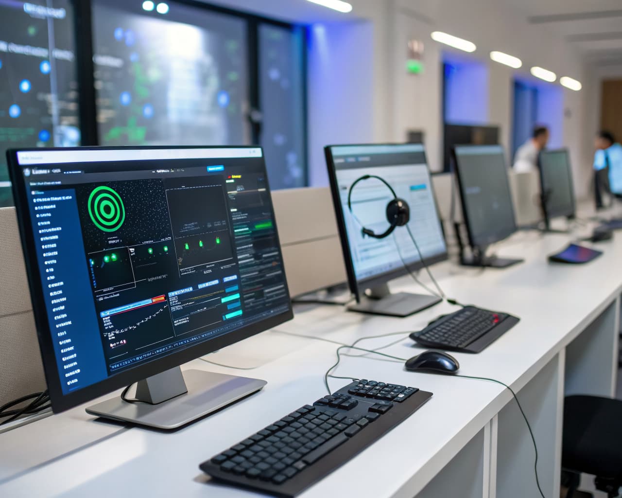 Row of computer monitors in a modern call center displaying simultaneous active call dashboards and analytics, showing how an AI receptionist handles multiple inquiries at once