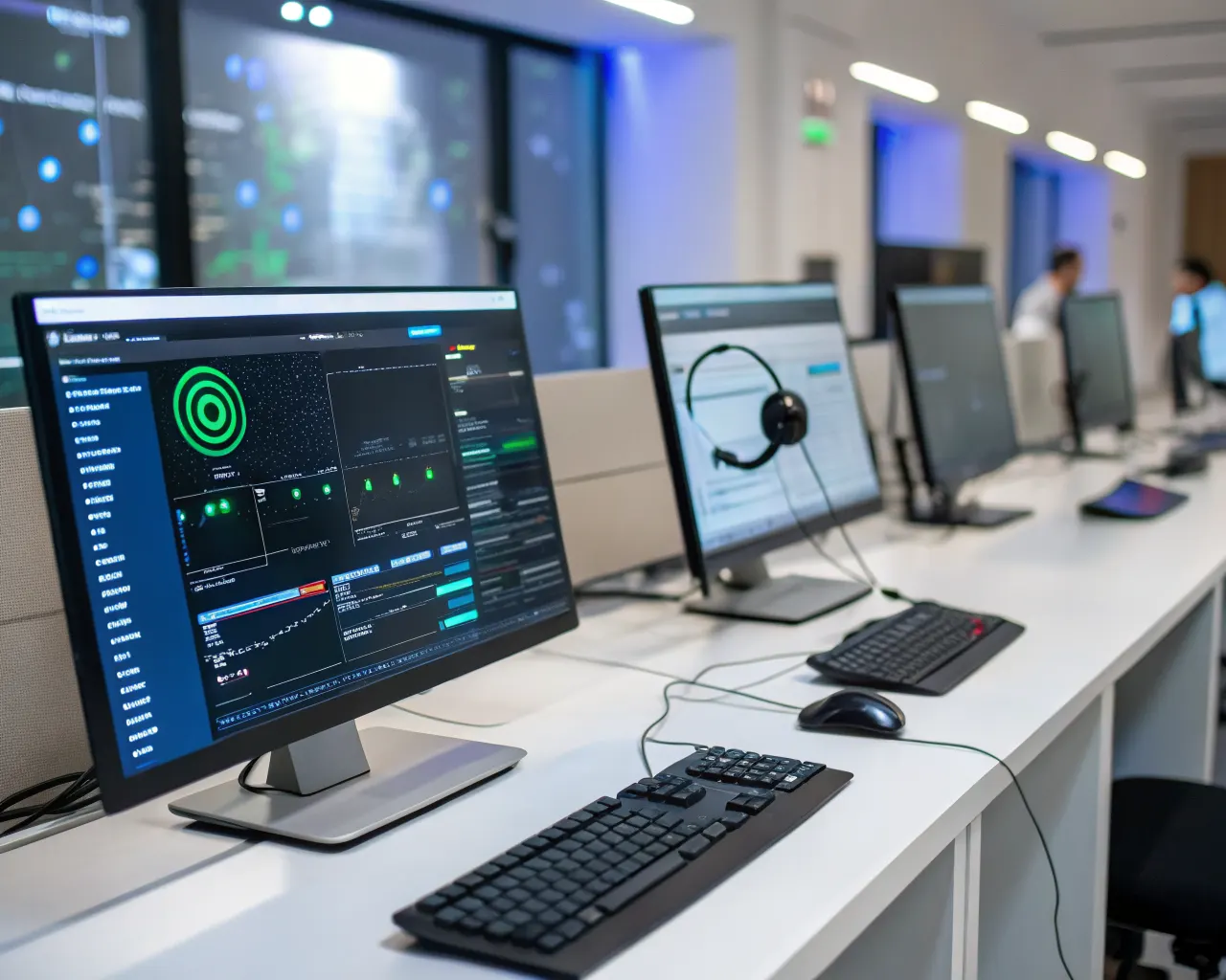 Row of computer monitors in a modern call center displaying simultaneous active call dashboards and analytics, showing how an AI receptionist handles multiple inquiries at once