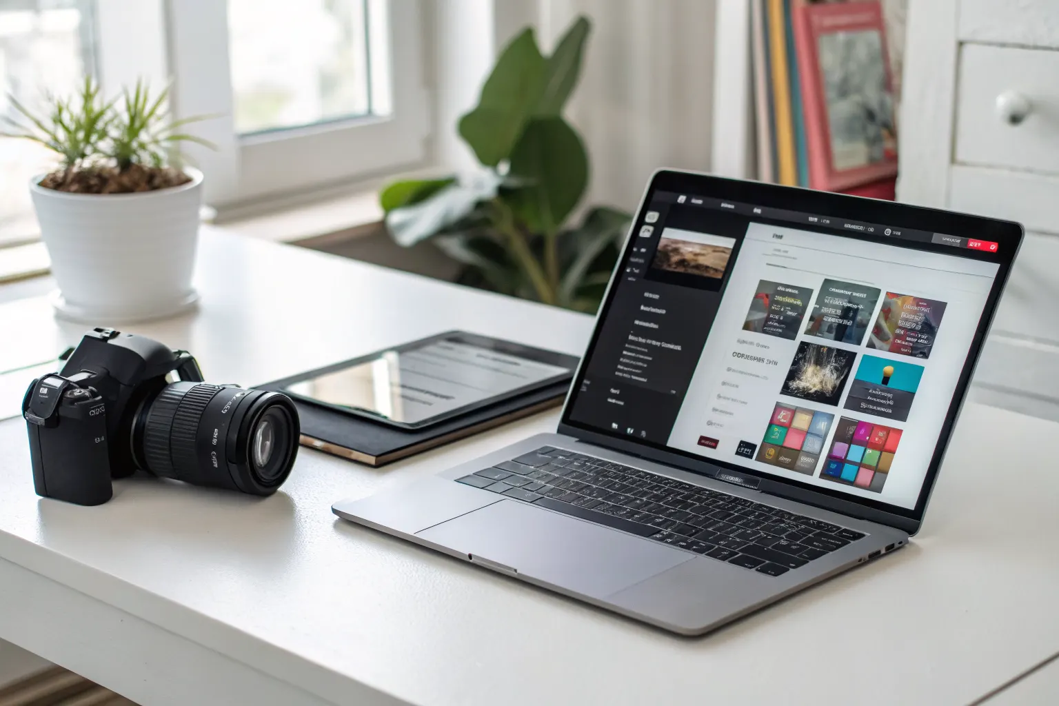 Modern workspace with laptop showing website builder templates, potted plants, and natural light