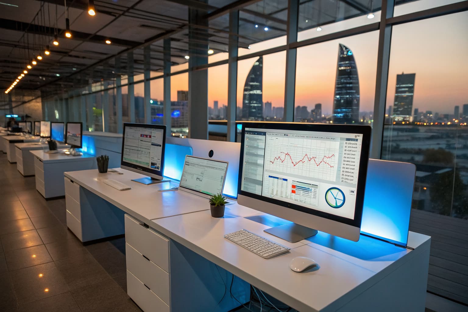 Modern digital marketing agency workspace with multiple monitors displaying backlink graphs and SEO analytics dashboards overlooking a city skyline
