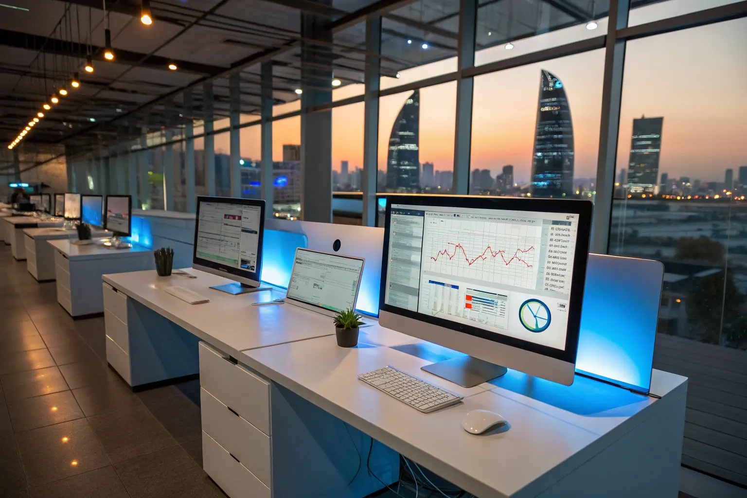 Modern digital marketing agency workspace with multiple monitors displaying backlink graphs and SEO analytics dashboards overlooking a city skyline