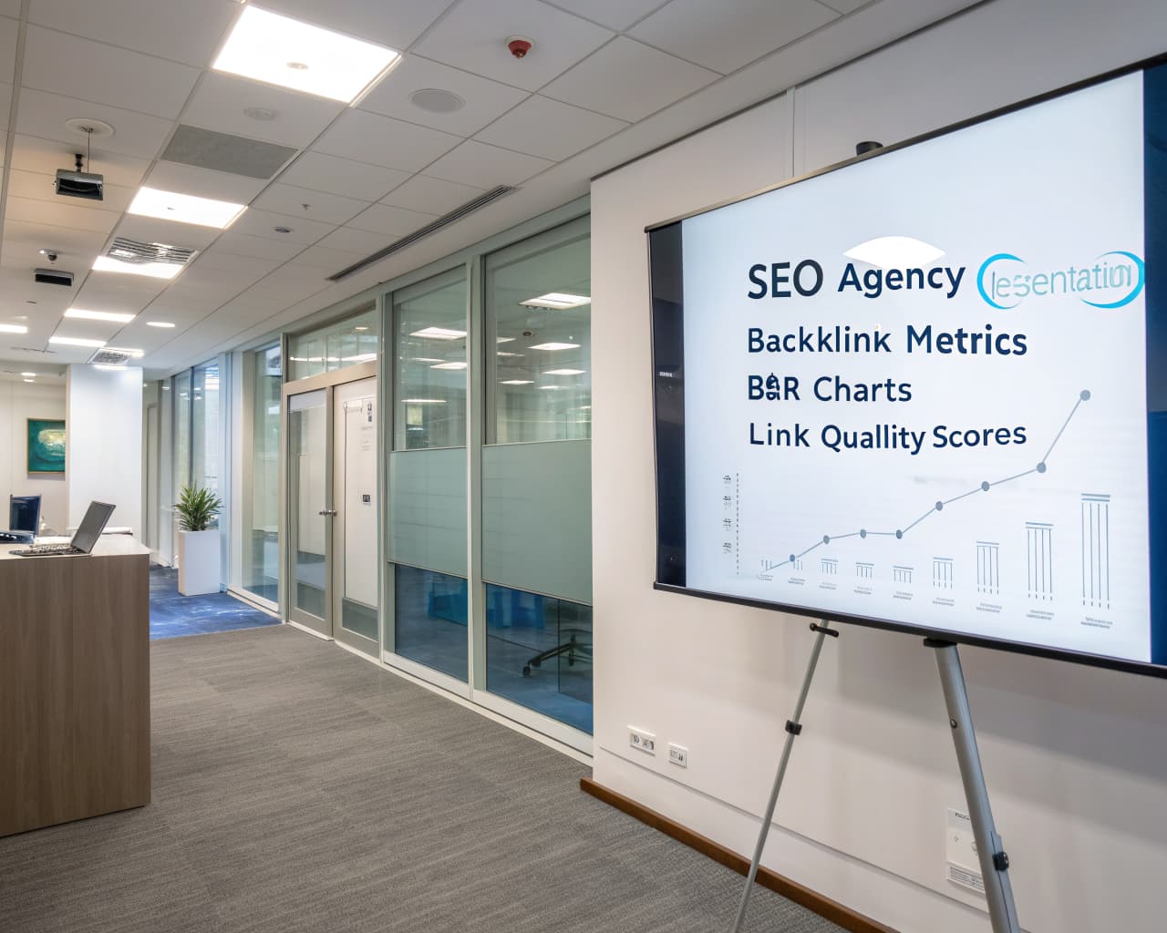 Modern conference room with a large screen displaying an SEO agency presentation showing backlink metrics, bar charts, and link quality scores