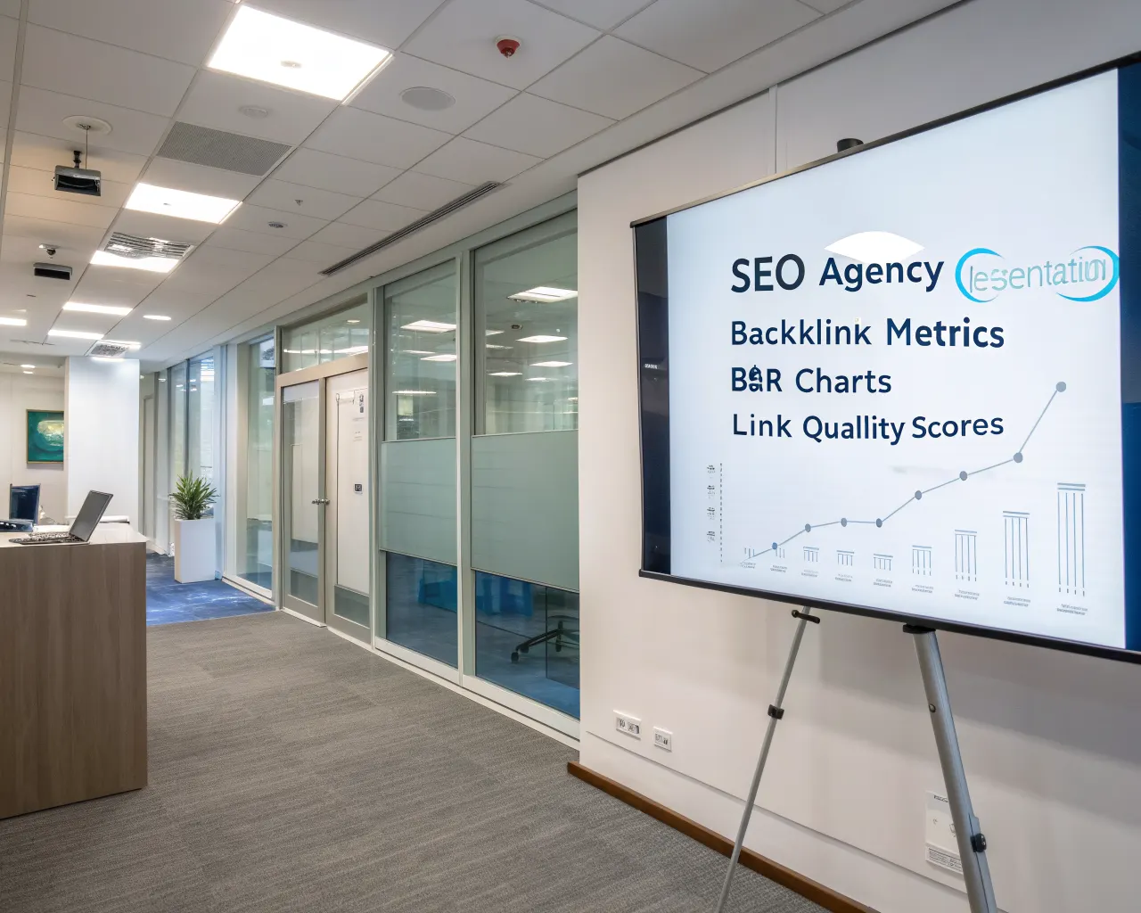 Modern conference room with a large screen displaying an SEO agency presentation showing backlink metrics, bar charts, and link quality scores