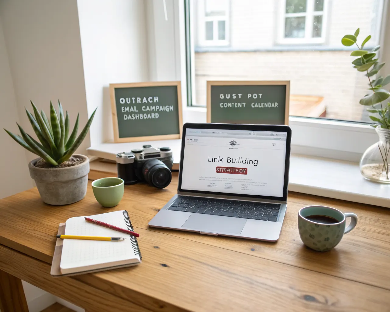 Clean home office desk with a laptop showing a link building strategy page, an open notebook with handwritten outreach plans, a succulent plant, and a cup of green tea