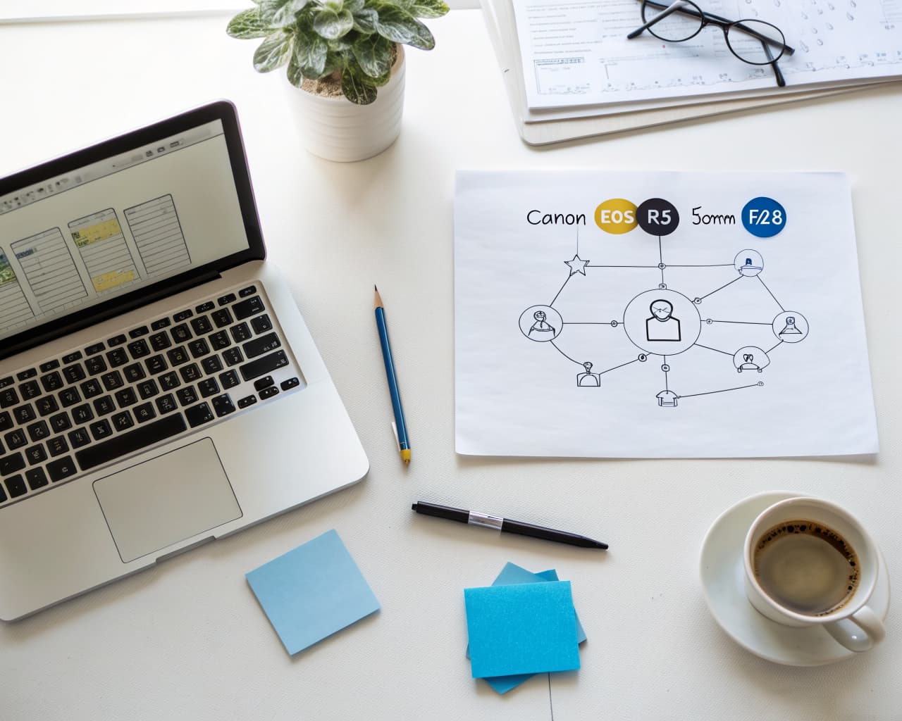 Overhead flat-lay desk showing a network diagram with nodes and arrows representing website link connections alongside a laptop displaying domain authority metrics