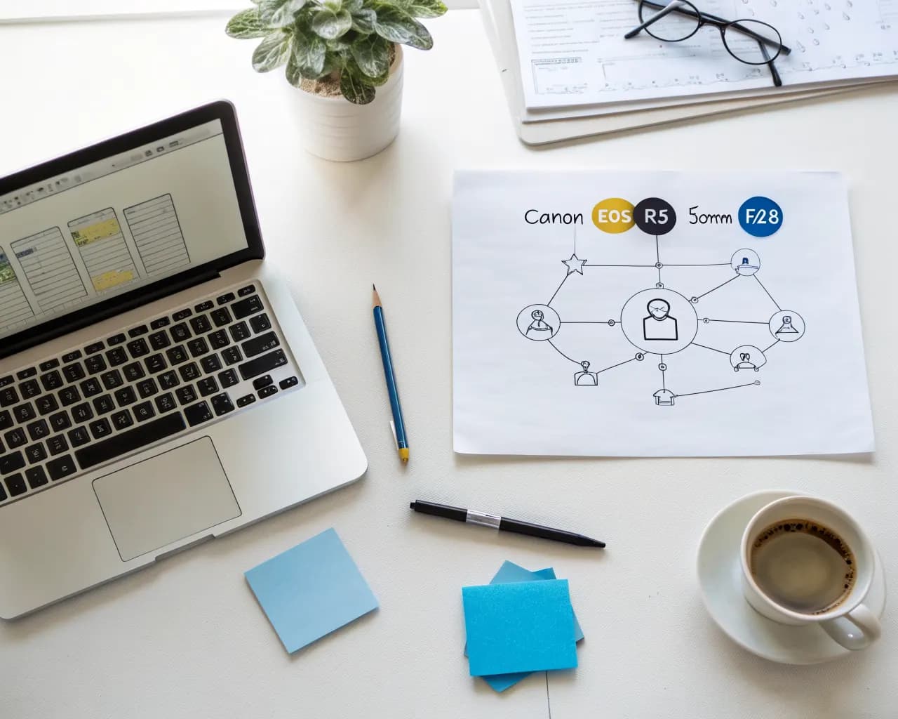 Overhead flat-lay desk showing a network diagram with nodes and arrows representing website link connections alongside a laptop displaying domain authority metrics