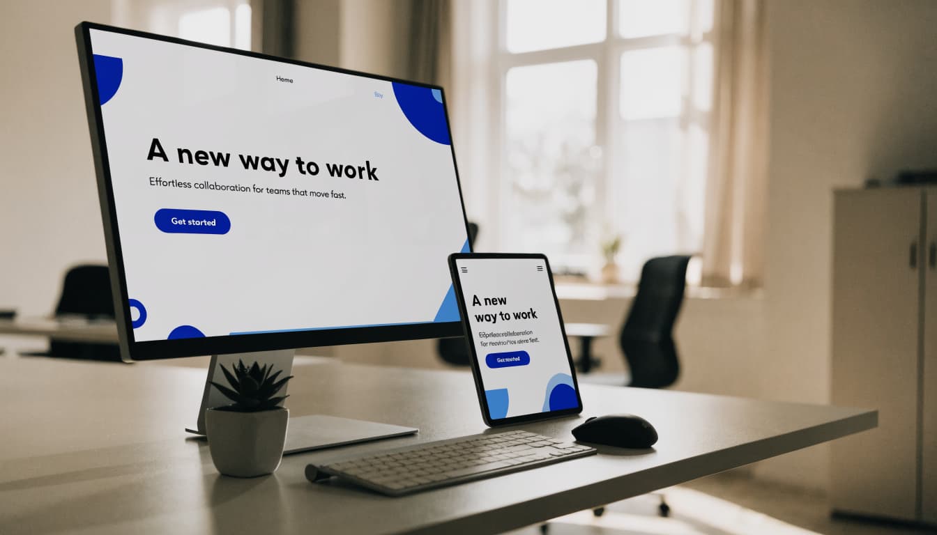 Modern minimalist workspace with a large monitor displaying a clean bold website homepage layout and a tablet showing the same site in mobile view