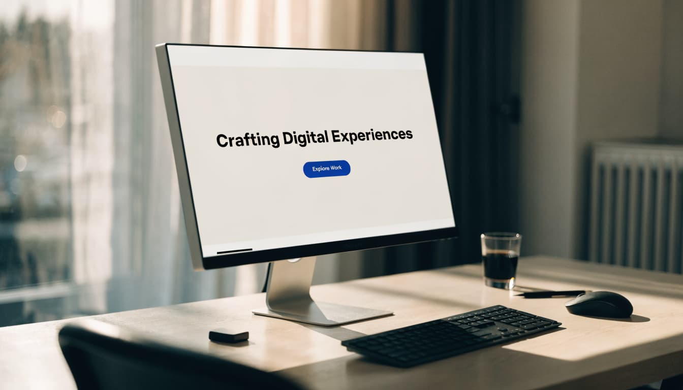 Designer desk with a large monitor showing a bold simple website hero section with one large headline and a single blue call-to-action button
