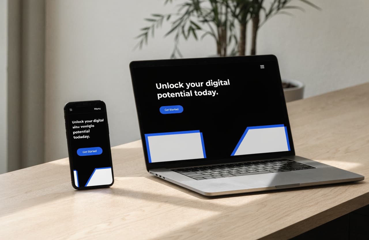 Smartphone and laptop side by side on a wood desk, both displaying the same responsive website design with a bold hero section
