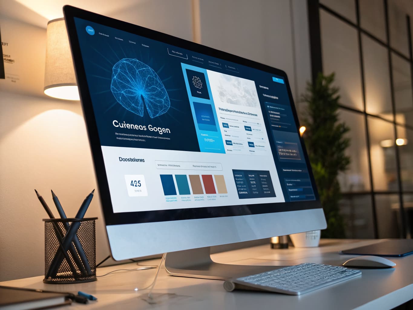Large monitor displaying an AI-generated custom website design with layout options and color palette swatches