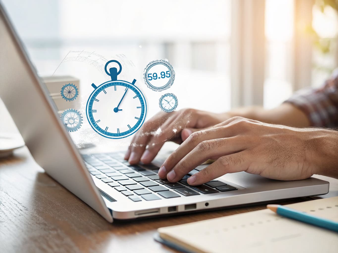 Close-up of hands typing on a laptop with a stopwatch graphic overlay symbolizing a fast website launch