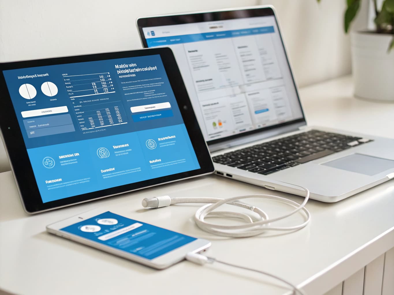 Laptop and tablet on a desk displaying connected dashboard panels for design, content, and hosting management