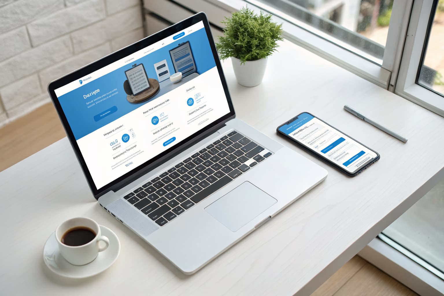 Laptop and smartphone on a desk showing a blue AI website builder interface generating a responsive website design
