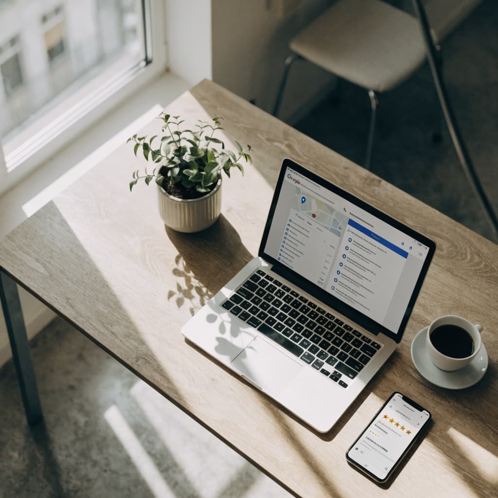 Overhead view of a desk with a laptop showing a local business map and search results, a smartphone with a five star review screen, and a cup of coffee