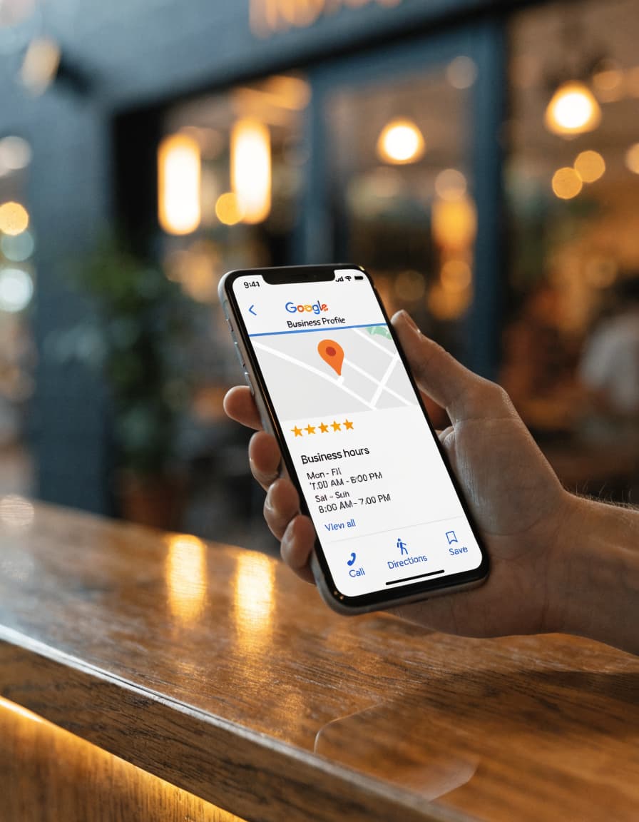 Hand holding a smartphone displaying a Google Business Profile listing with a map pin, star rating, and business hours above a wooden cafe counter