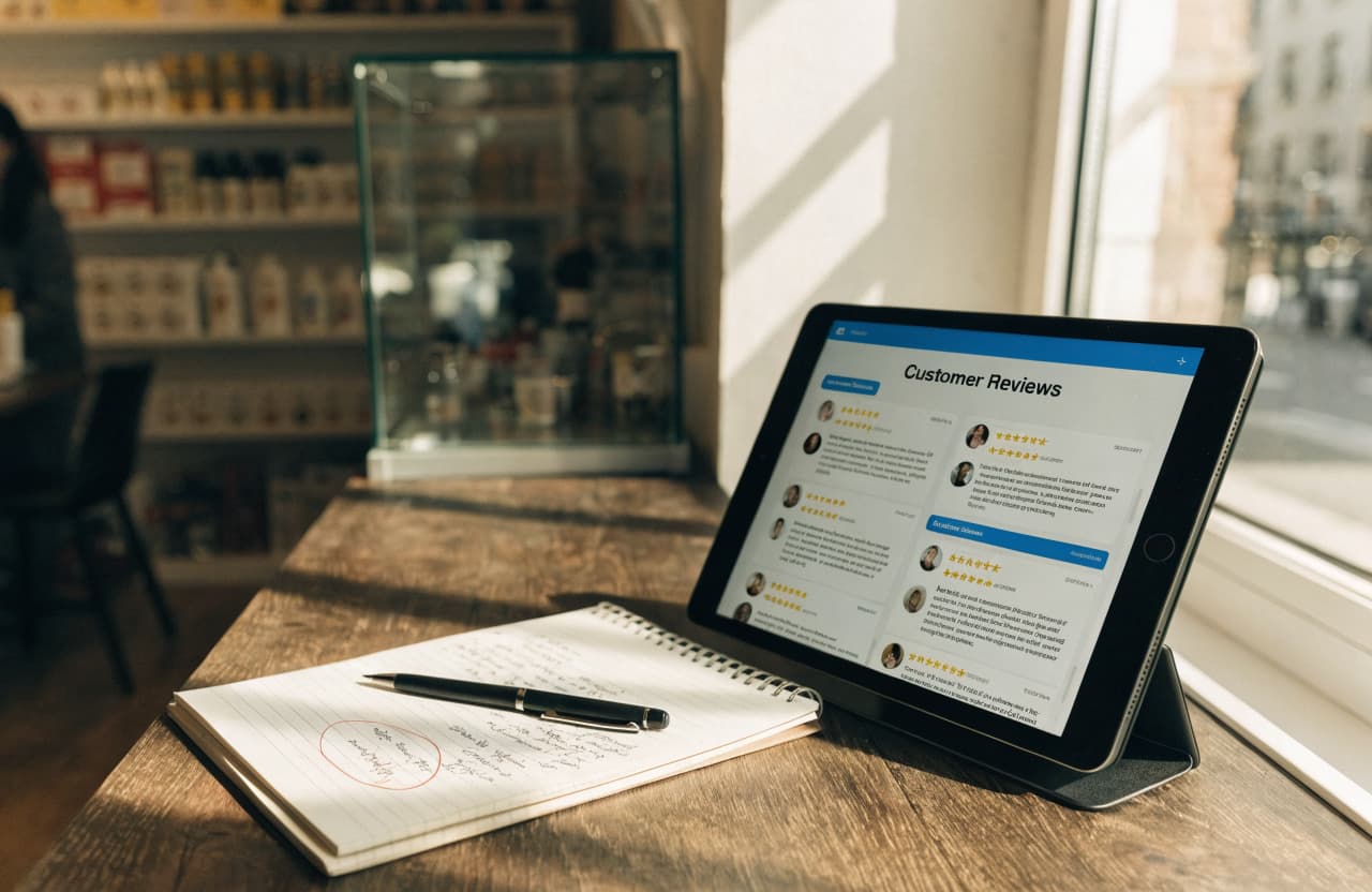 Tablet on a shop counter displaying a customer reviews dashboard with star ratings, next to a notepad with handwritten notes