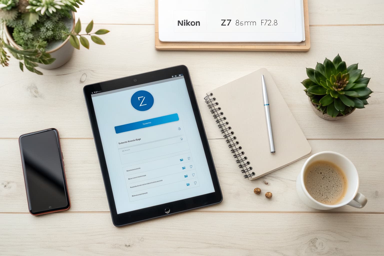 Tablet on a clean workspace displaying a step-by-step website builder onboarding questionnaire with blue progress indicators, coffee cup and succulent plant beside it