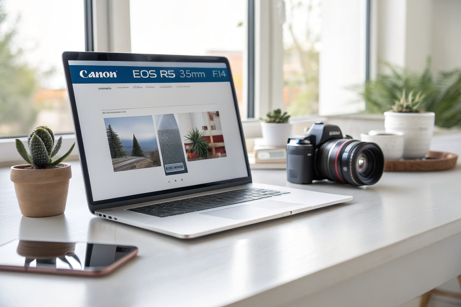 Sleek laptop on a modern desk displaying a professional business website with blue accents and natural window light