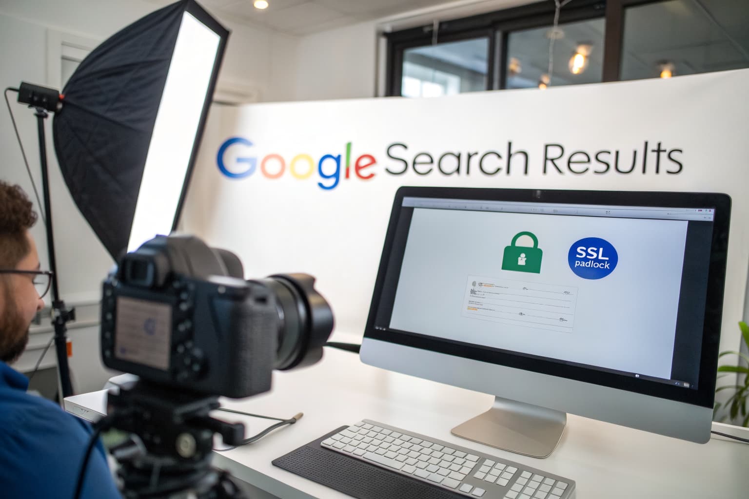 Desktop monitor showing Google search results and SSL compliance indicators in a professional studio setting