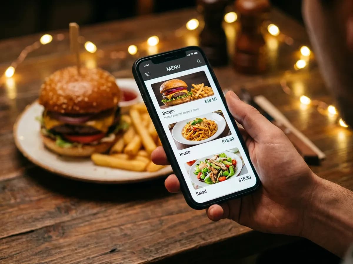 Smartphone displaying a digital restaurant menu with dish photos and prices held over a bistro table with a plated burger