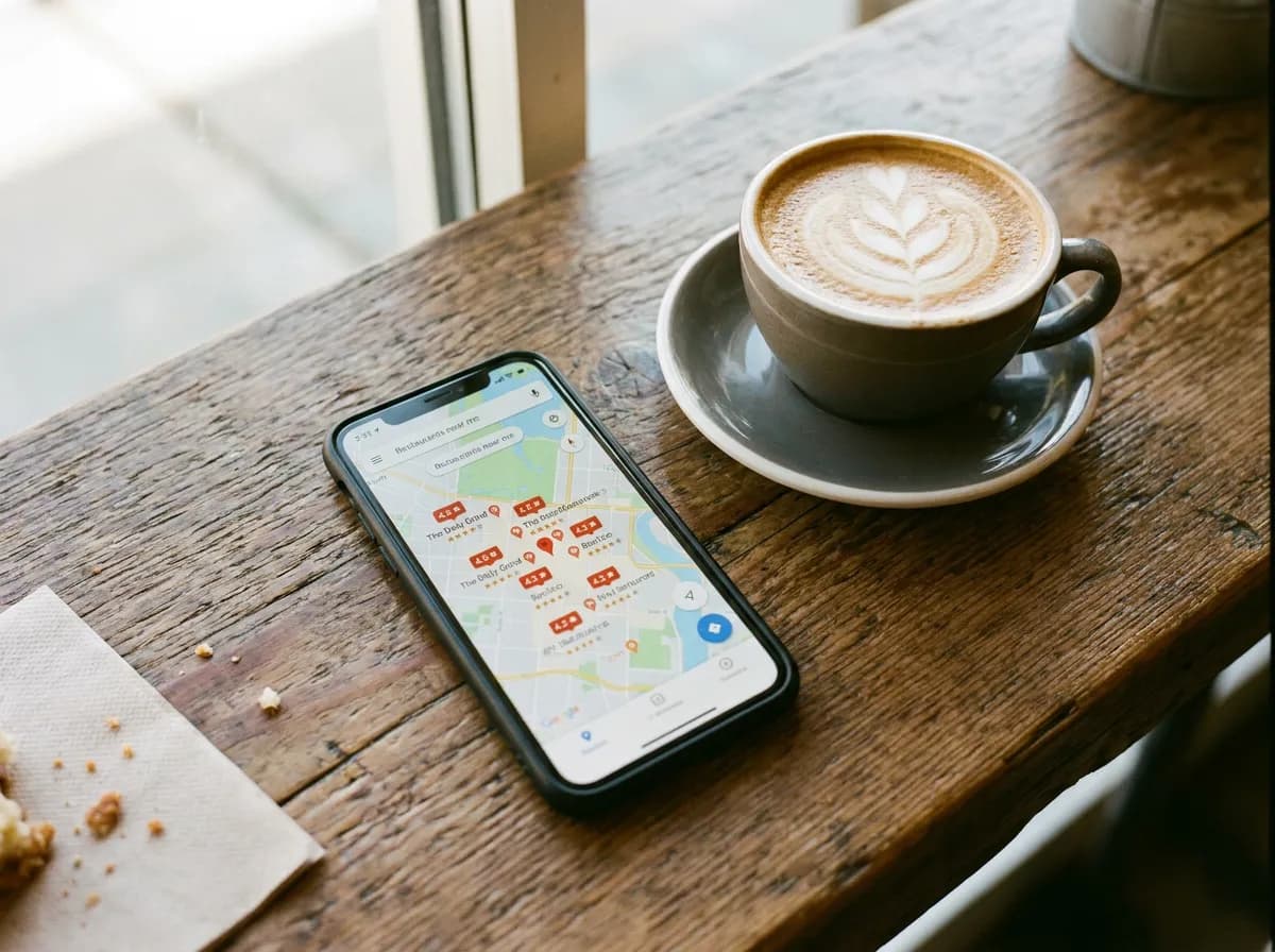 Smartphone showing a map search for restaurants near me with pins and star ratings on a cafe table beside a latte