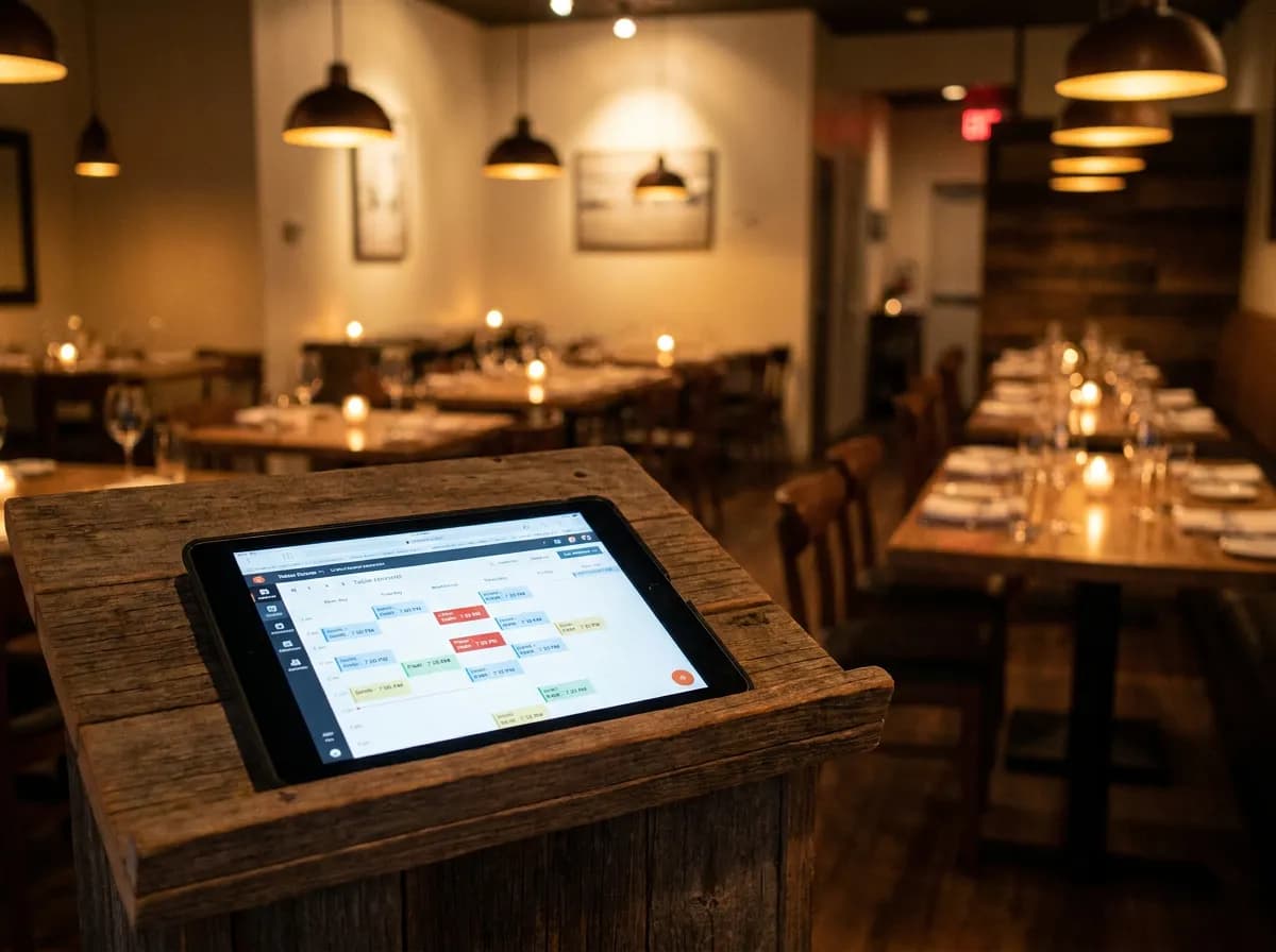Tablet on a restaurant host stand displaying an online table reservation calendar with a softly blurred dining room behind it