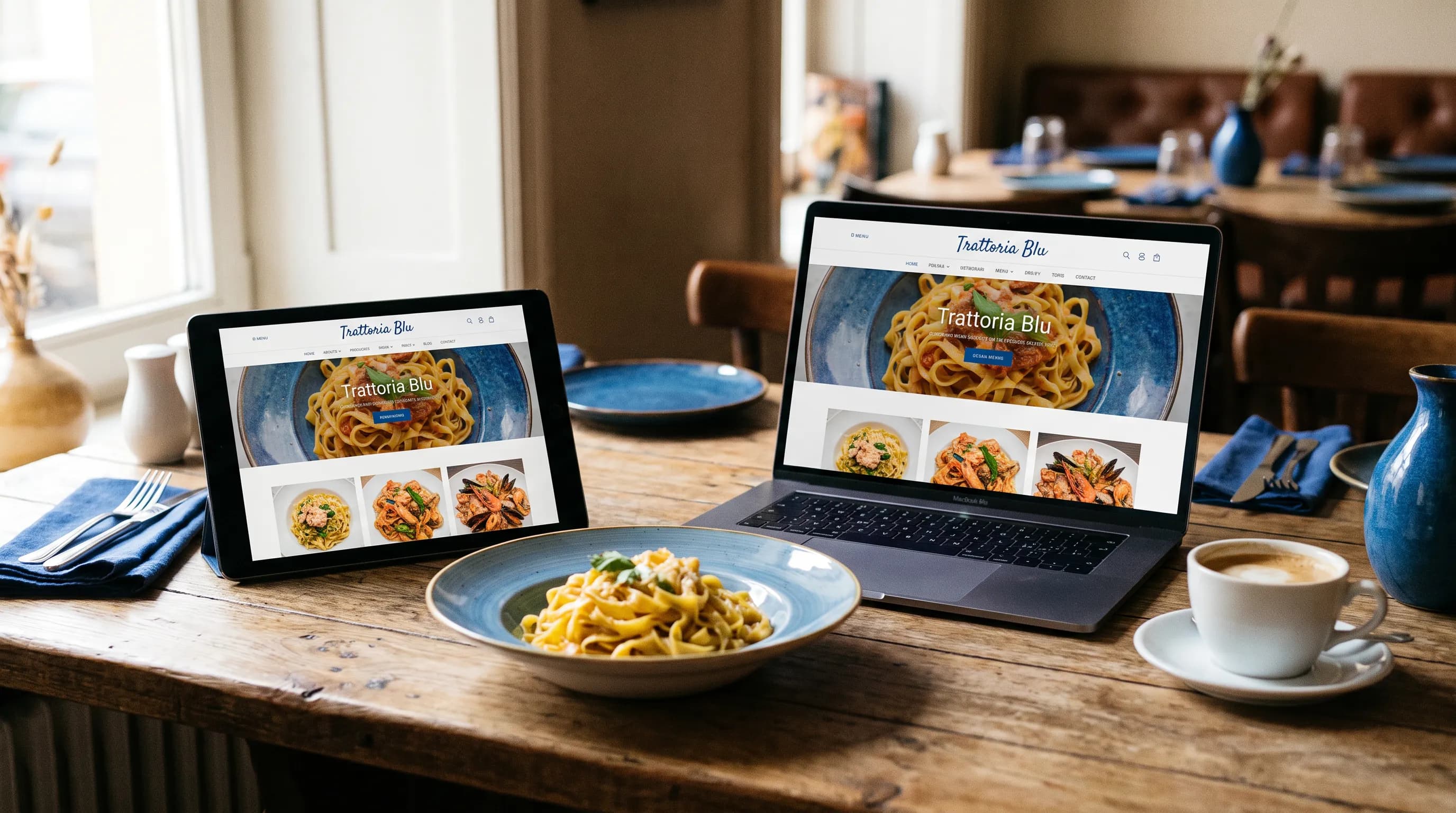 Tablet and laptop on a rustic wooden restaurant table showing a restaurant website with menu photos beside a plated pasta dish and coffee