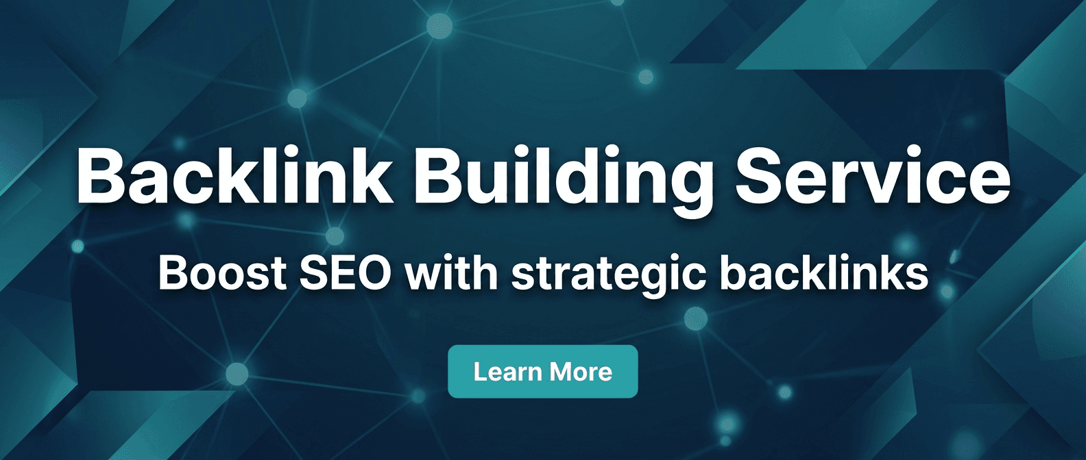 Backlink Building Service banner showing a teal network design with the tagline Boost SEO with strategic backlinks
