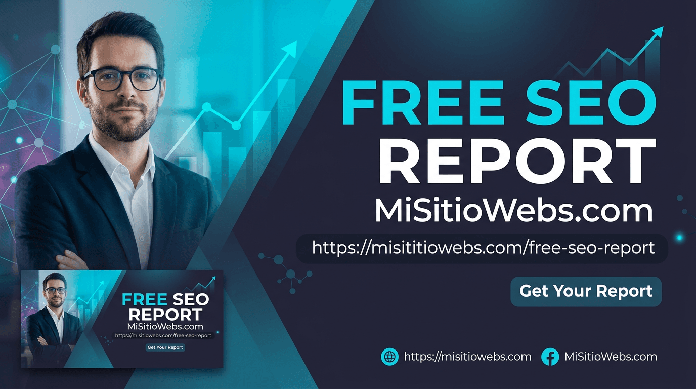 Free SEO Report banner for MiSitioWebs.com showing the report URL and a Get Your Report call-to-action button