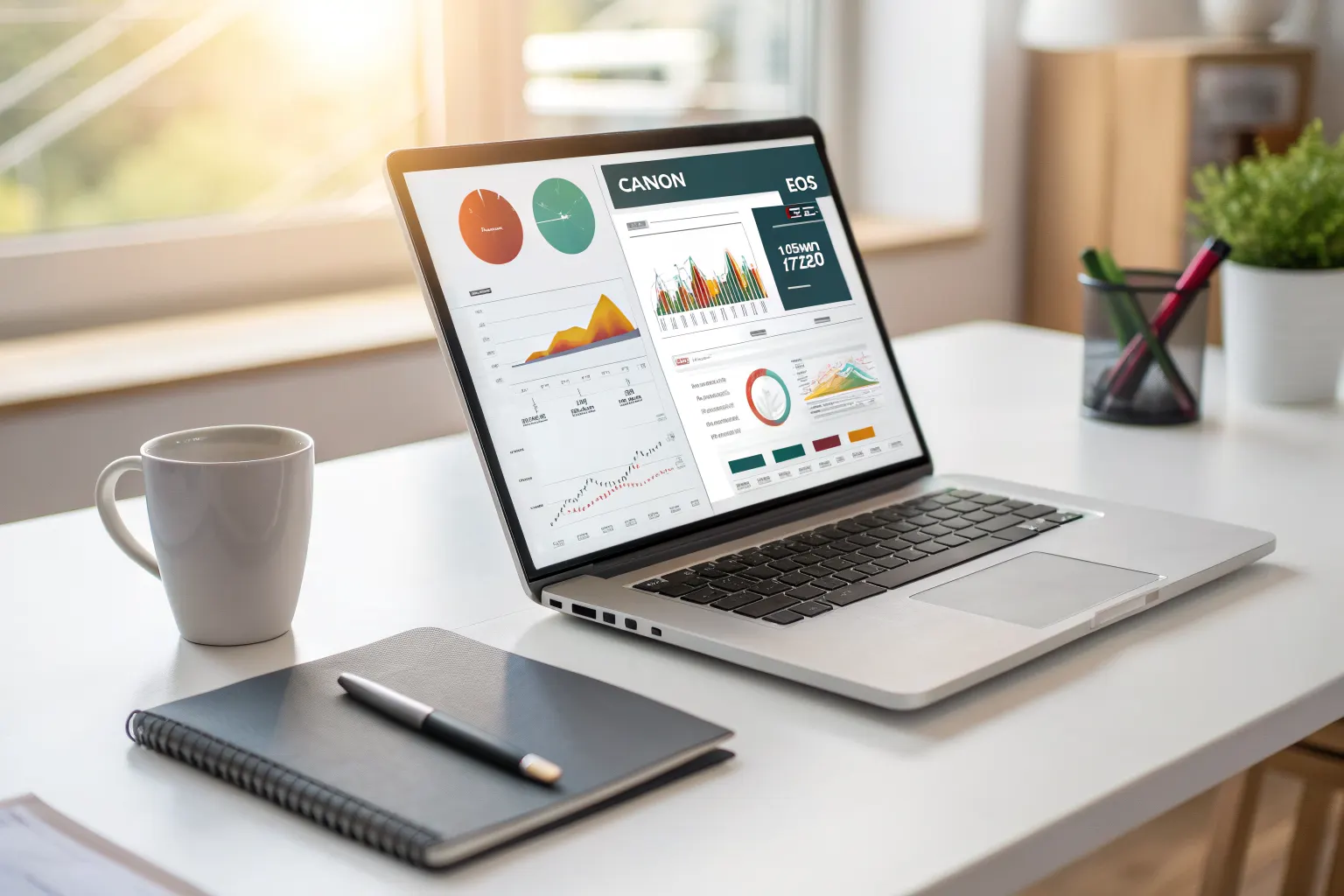 Laptop on a bright office desk showing a colorful SEO audit dashboard with charts, keyword rankings, and performance metrics