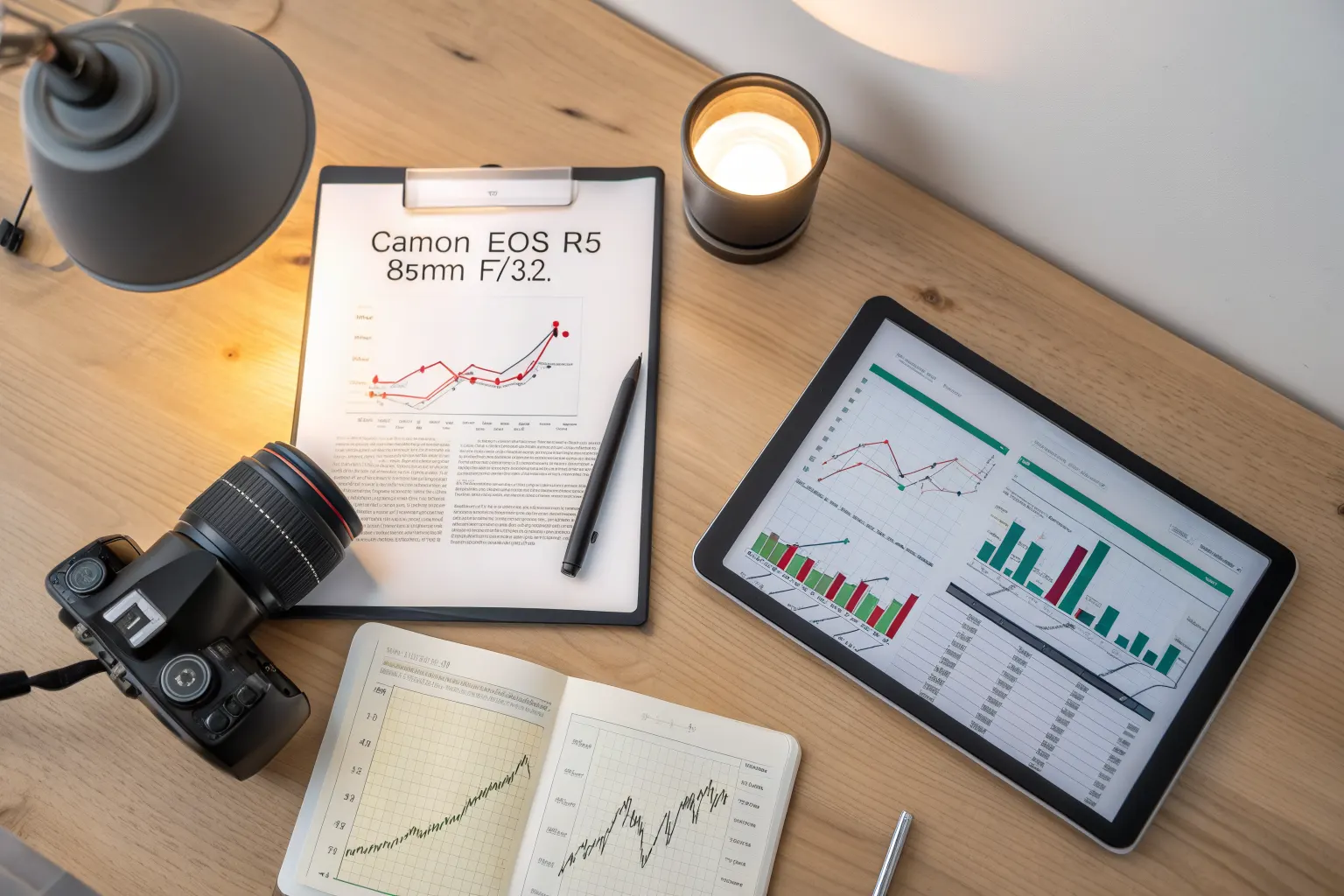 Overhead flat-lay of a desk with printed SEO audit report pages, a tablet displaying upward-trending analytics graphs, and handwritten strategy notes