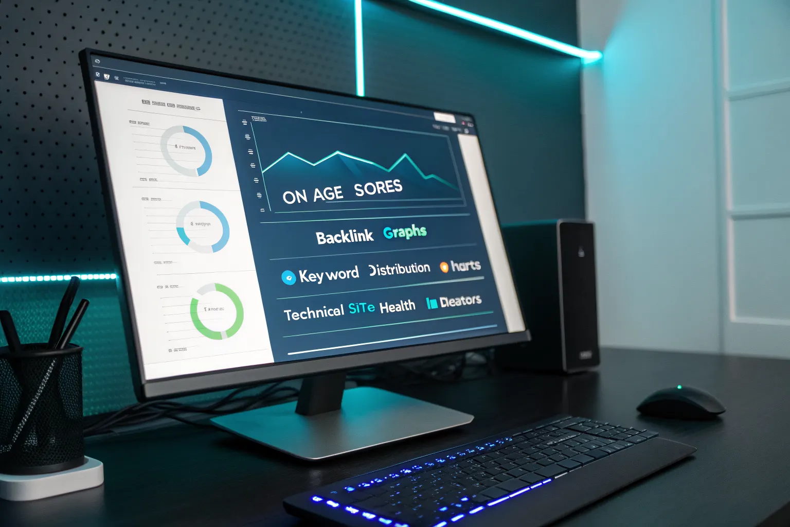 Computer monitor with blue LED accent lighting displaying an SEO analysis dashboard showing on-page scores, backlink graphs, and keyword distribution charts