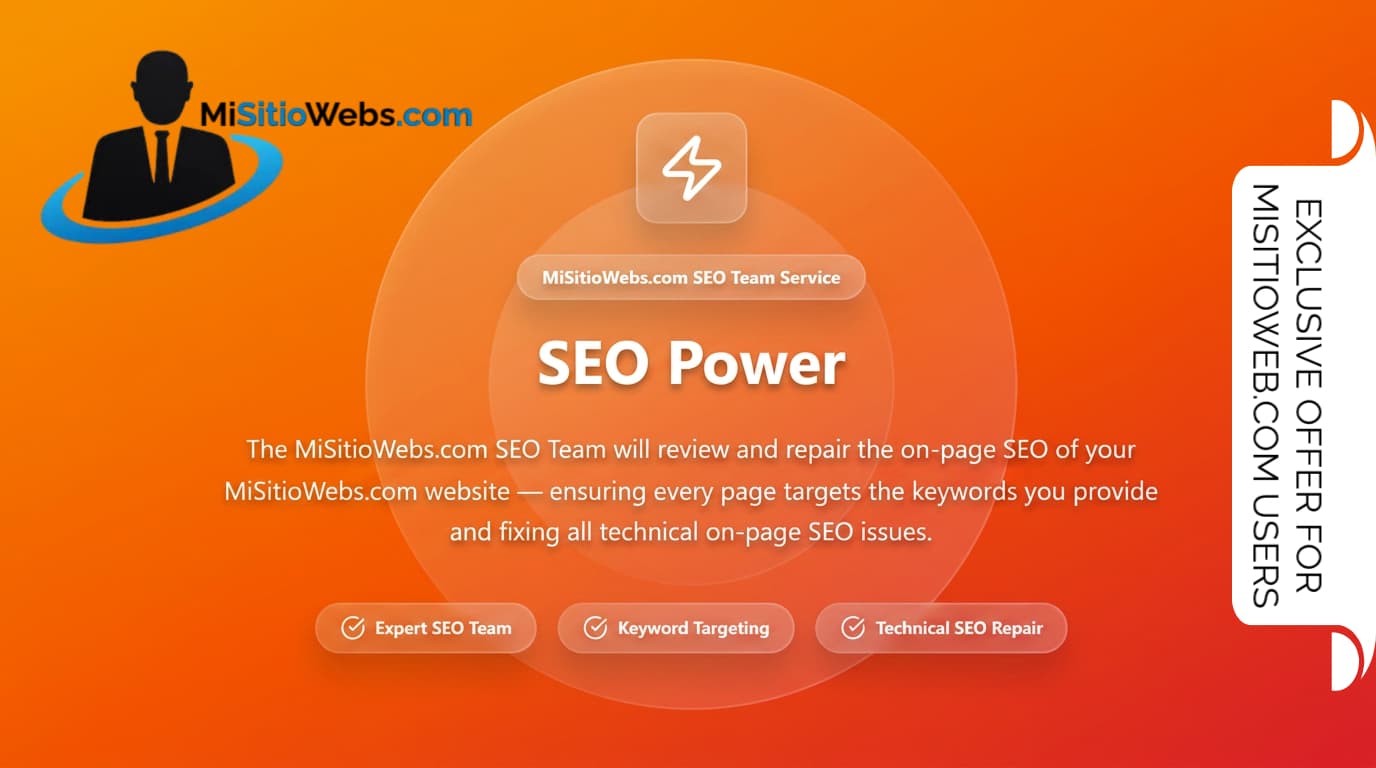 MiSitioWebs SEO Power service promotional graphic showing expert SEO team, keyword targeting, and technical SEO repair features