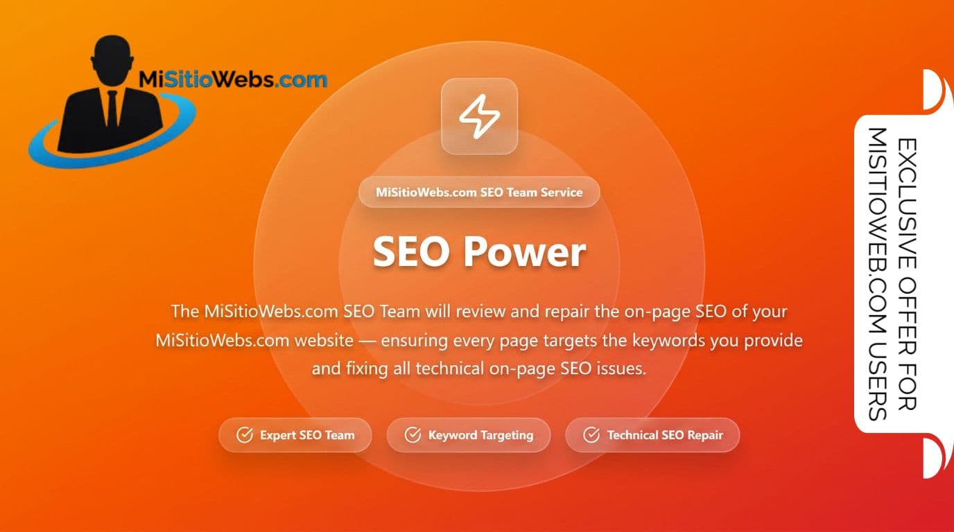 MiSitioWebs SEO Power service promotional graphic showing expert SEO team, keyword targeting, and technical SEO repair features