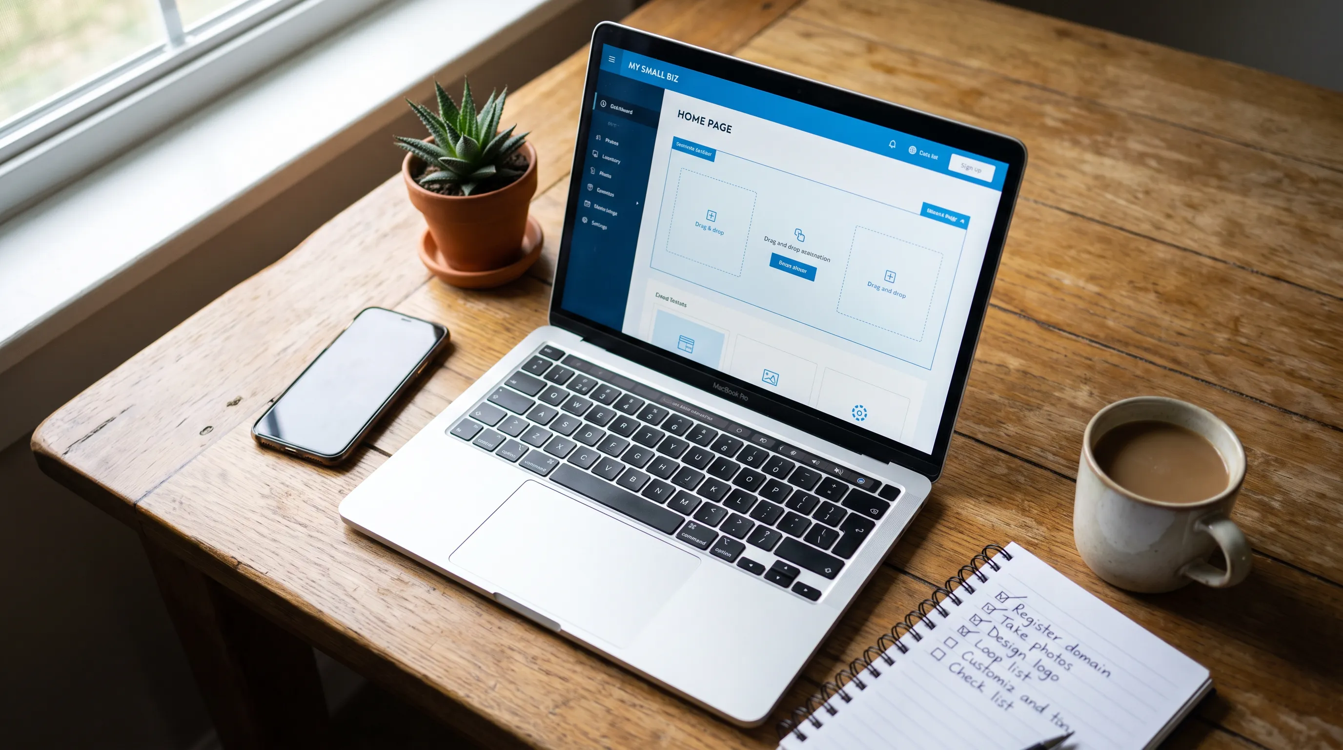 Overhead view of a small business owner's desk with a laptop showing a website builder, a smartphone, a checklist notebook, a coffee cup, and a small plant
