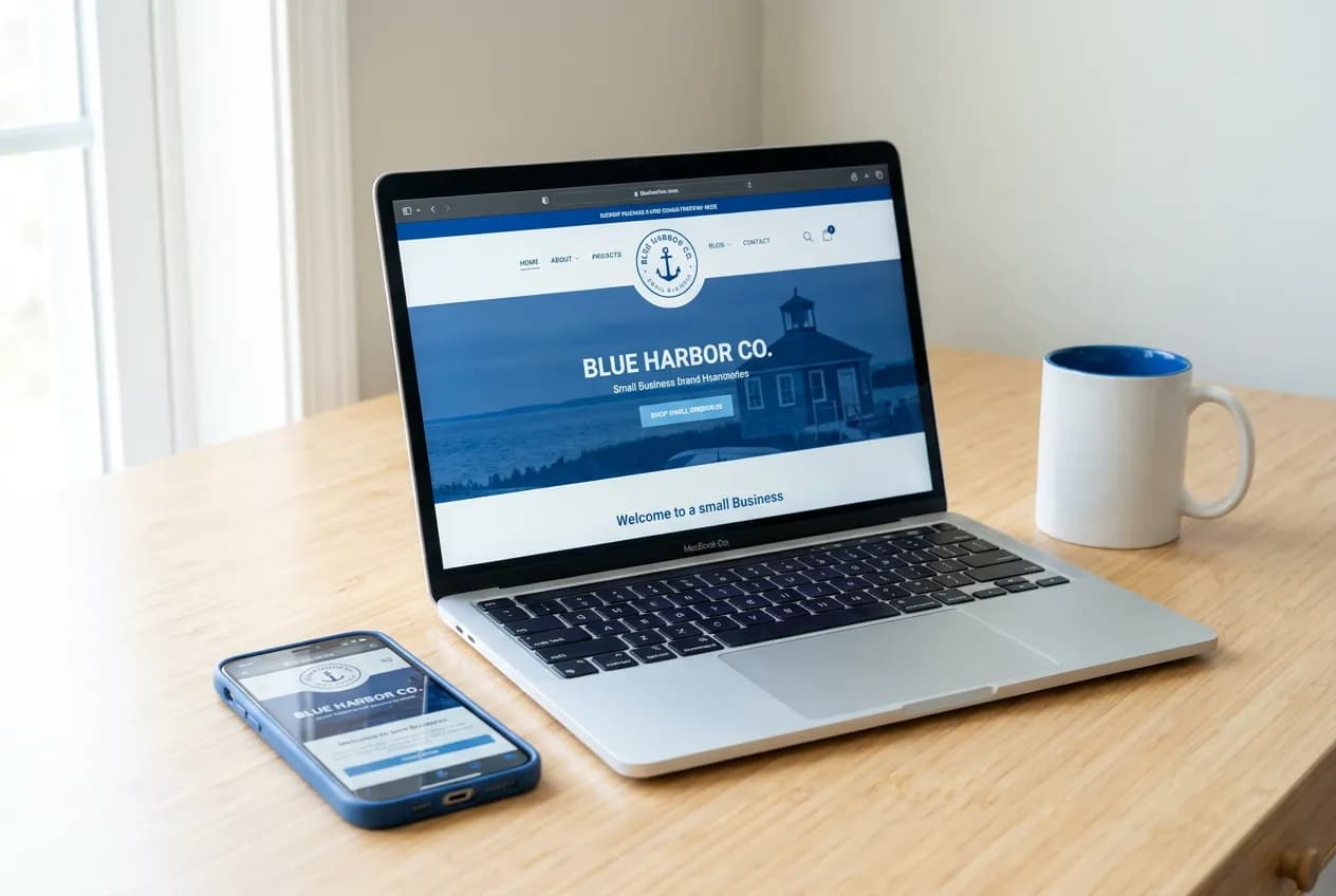 A laptop and a smartphone side by side showing the same small business website in desktop and mobile layouts