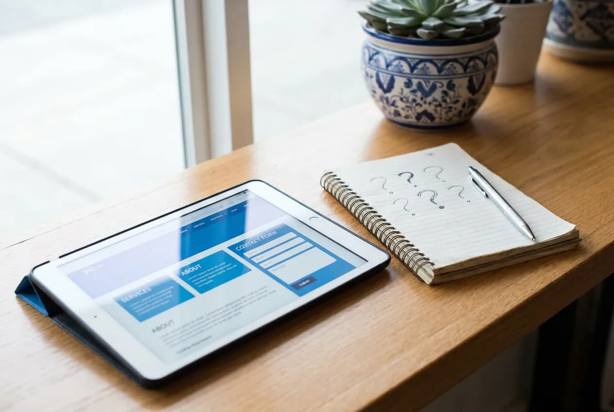 Tablet on a shop counter showing a website with service pages and a contact form, next to a notepad and pen