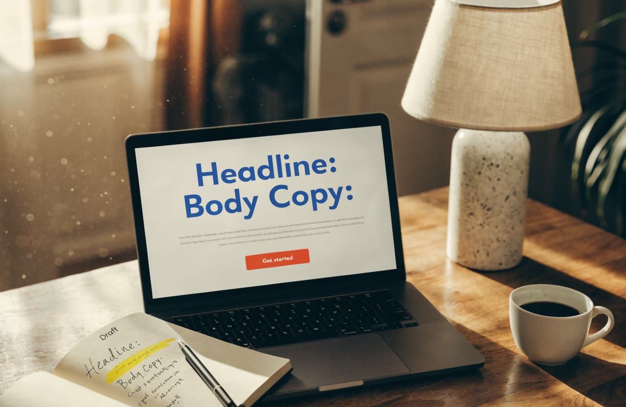 Home office desk with a laptop displaying a website landing page with a bold blue headline, and a notebook with handwritten draft copy