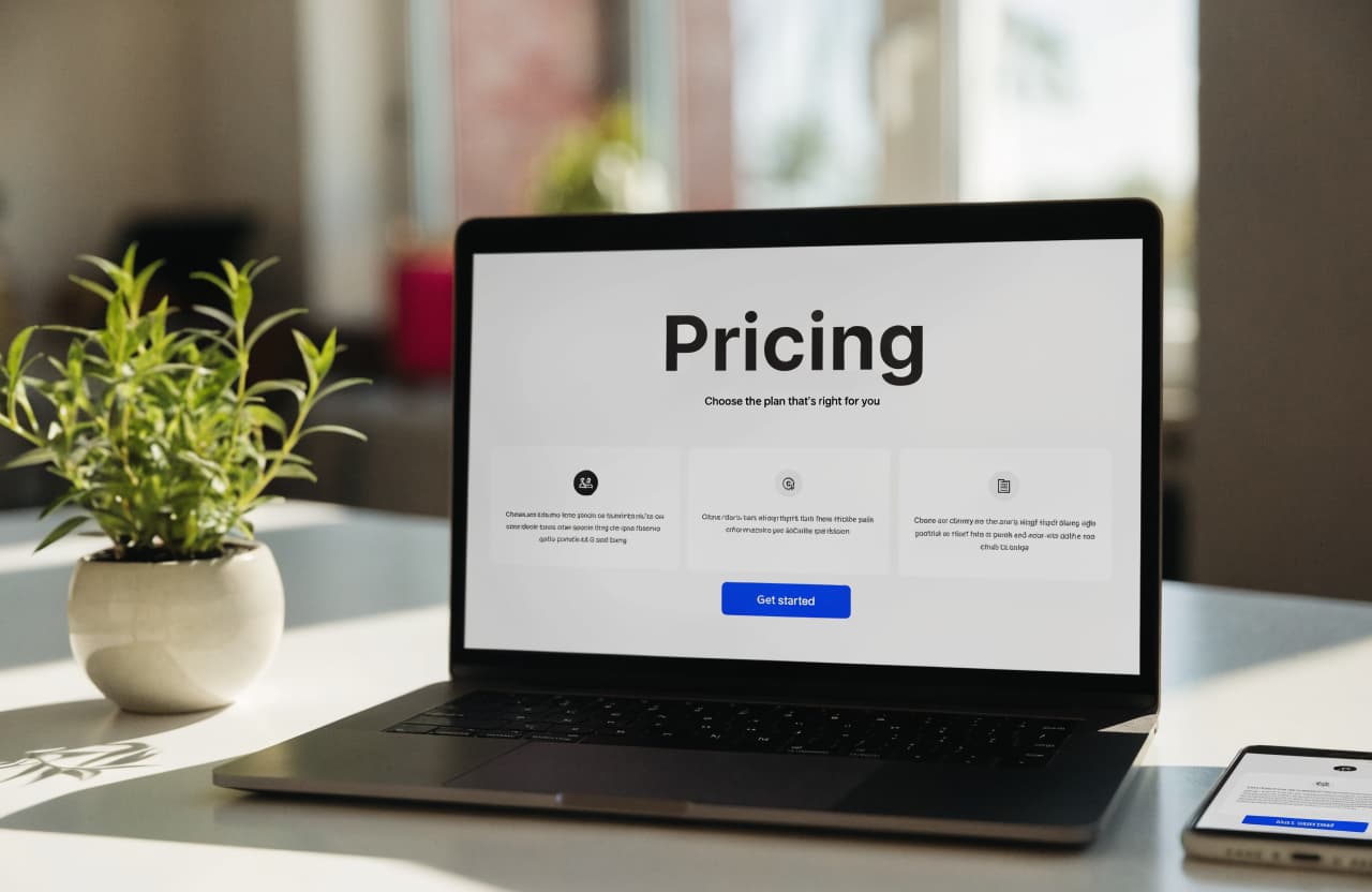 Laptop screen displaying a website pricing section with a prominent blue call-to-action button and clear service cards