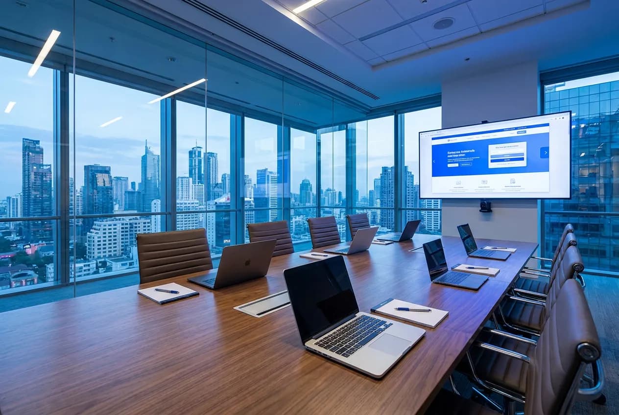 Modern glass boardroom with a presentation screen showing a company website