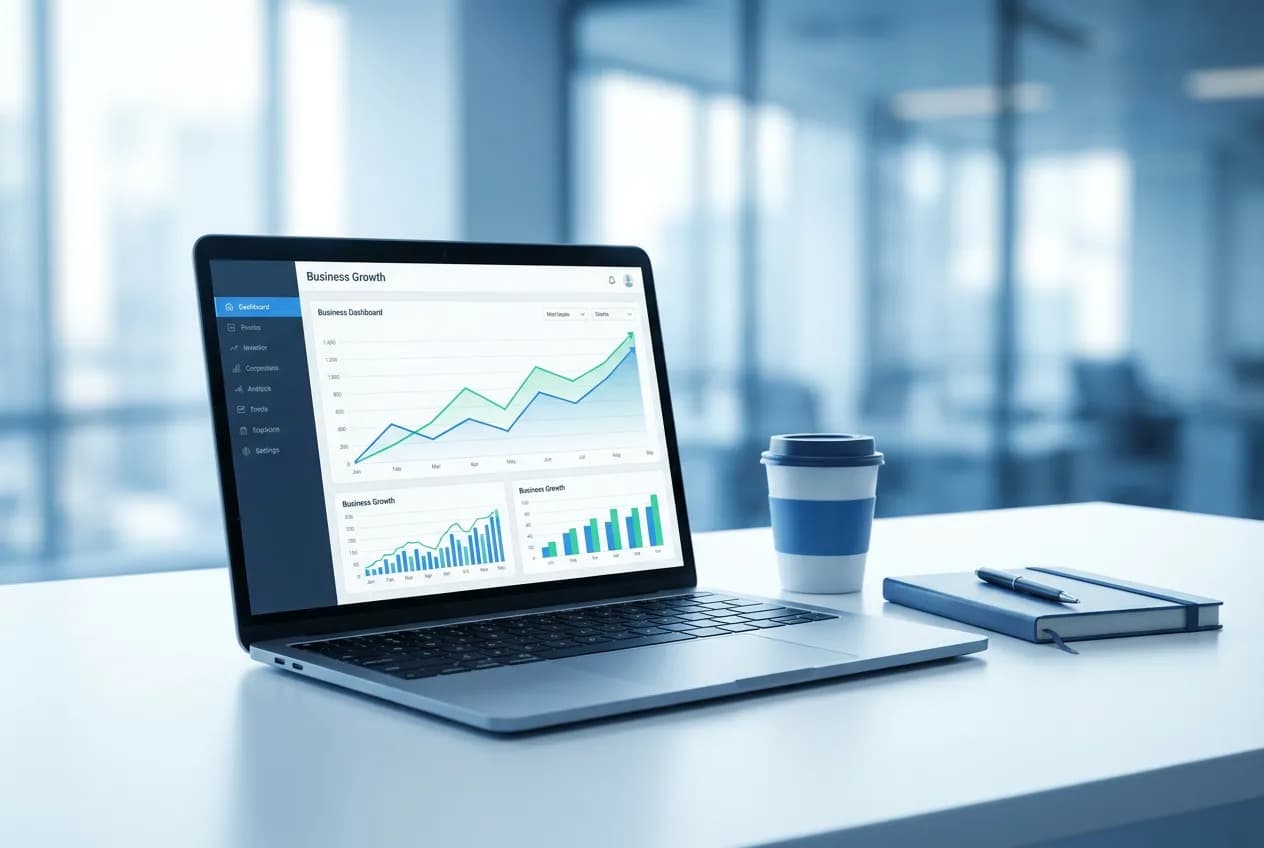 Laptop on an office desk showing a business growth analytics dashboard