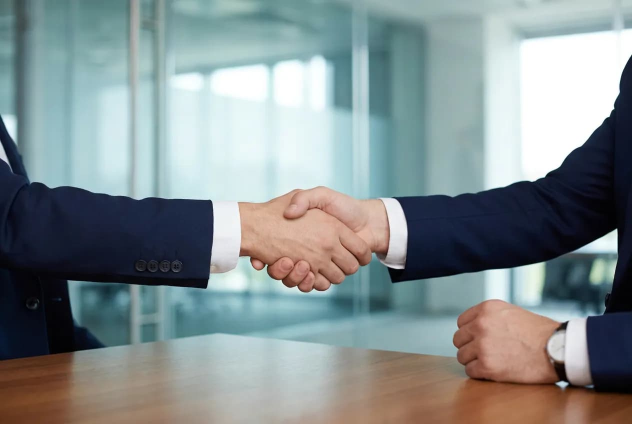 Business owner shaking hands with a client across a desk in a modern office